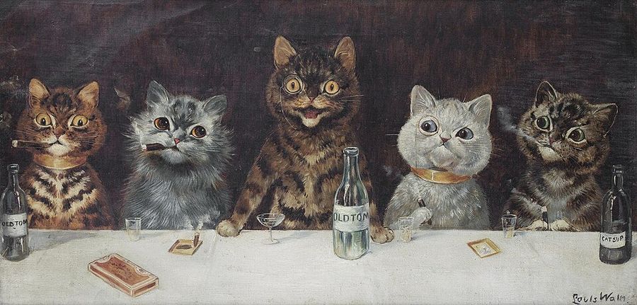 A row of cats at a table, all talking at once.