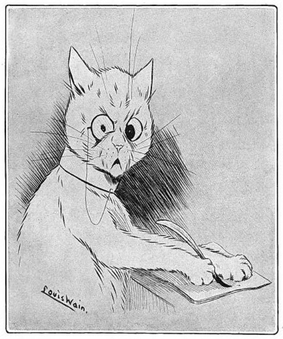 A cat at a desk, working.